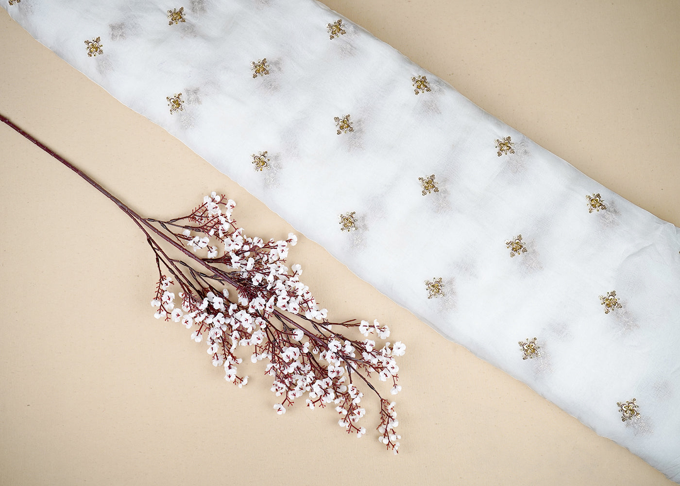 White Organza Fabric with Allover Buti of Sequins, Katdana and Thread Work 19659