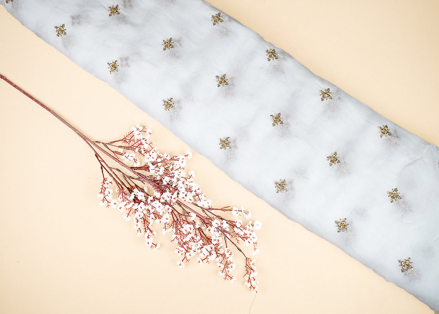 White Organza Fabric with Allover Buti of Sequins, Katdana and Thread Work 19659