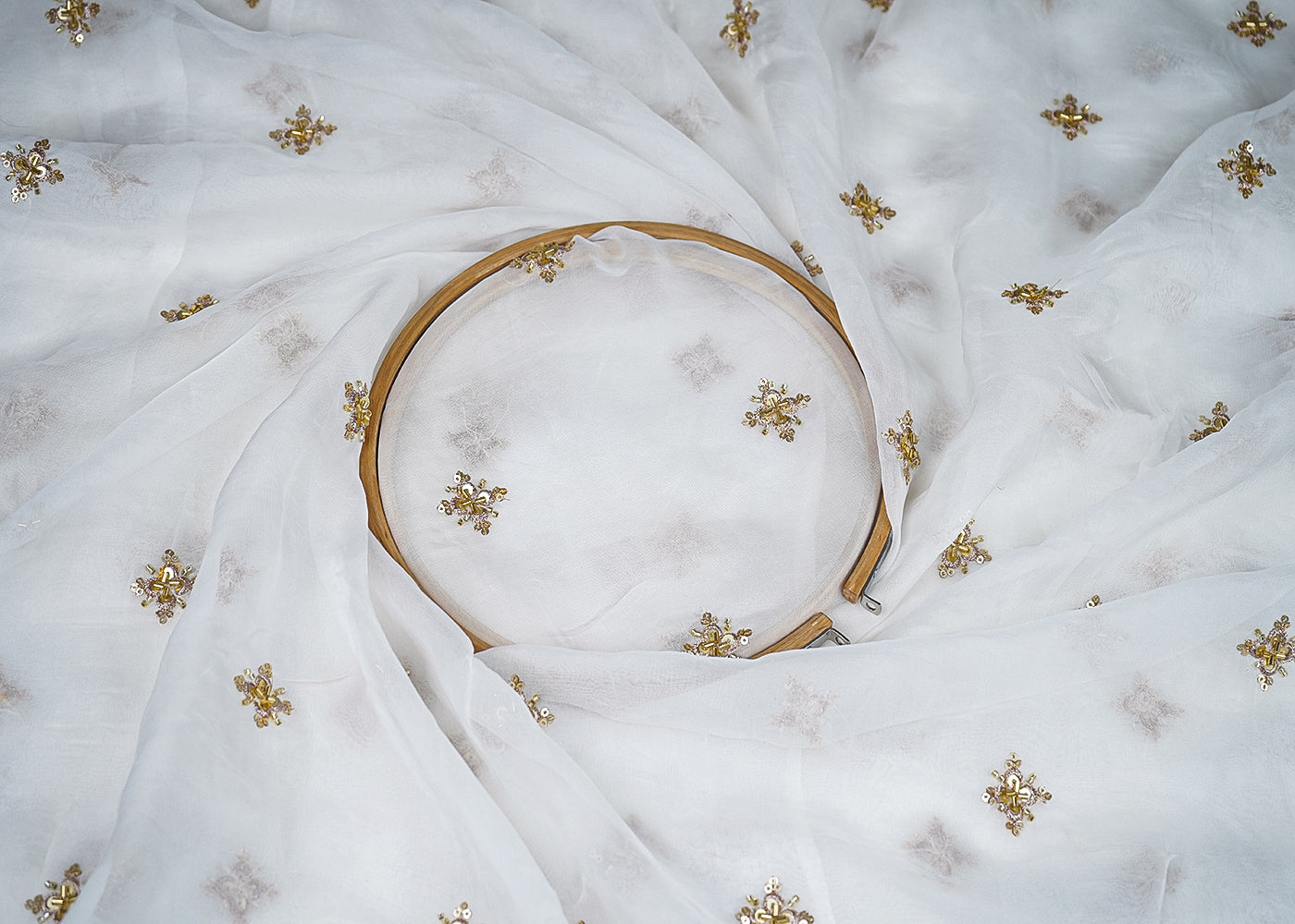 White Organza Fabric with Allover Buti of Sequins, Katdana and Thread Work 19659