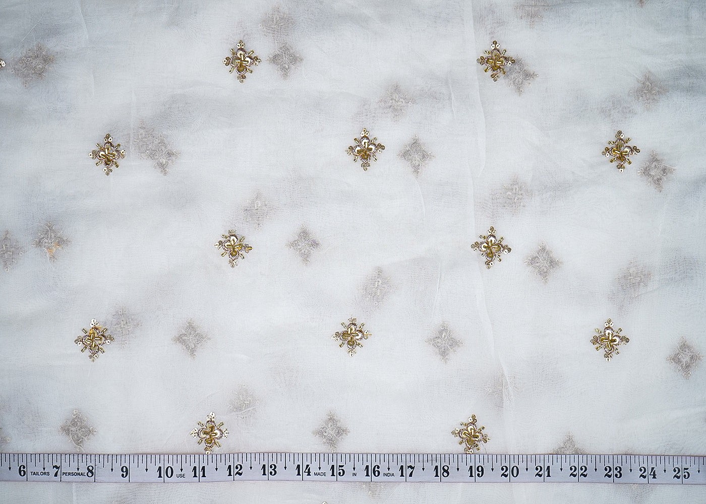 White Organza Fabric with Allover Buti of Sequins, Katdana and Thread Work 19659