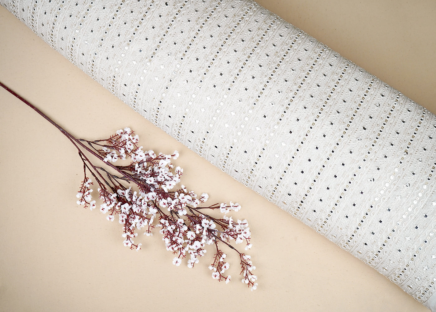 White Georgette Fabric with Allover White Thread, Sequins and Faux Mirror Work 19660