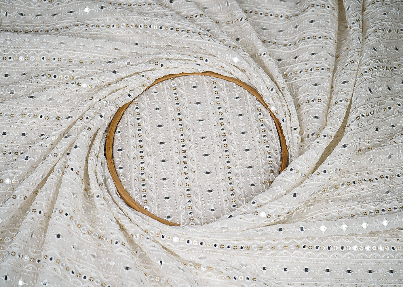 White Georgette Fabric with Allover White Thread, Sequins and Faux Mirror Work 19660