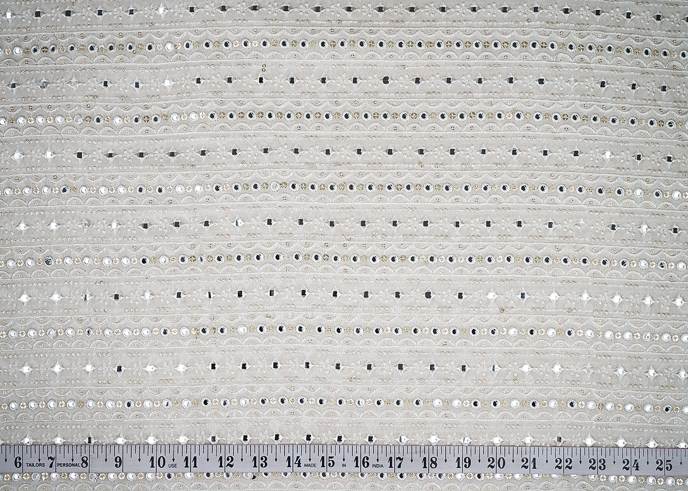 White Georgette Fabric with Allover White Thread, Sequins and Faux Mirror Work 19660