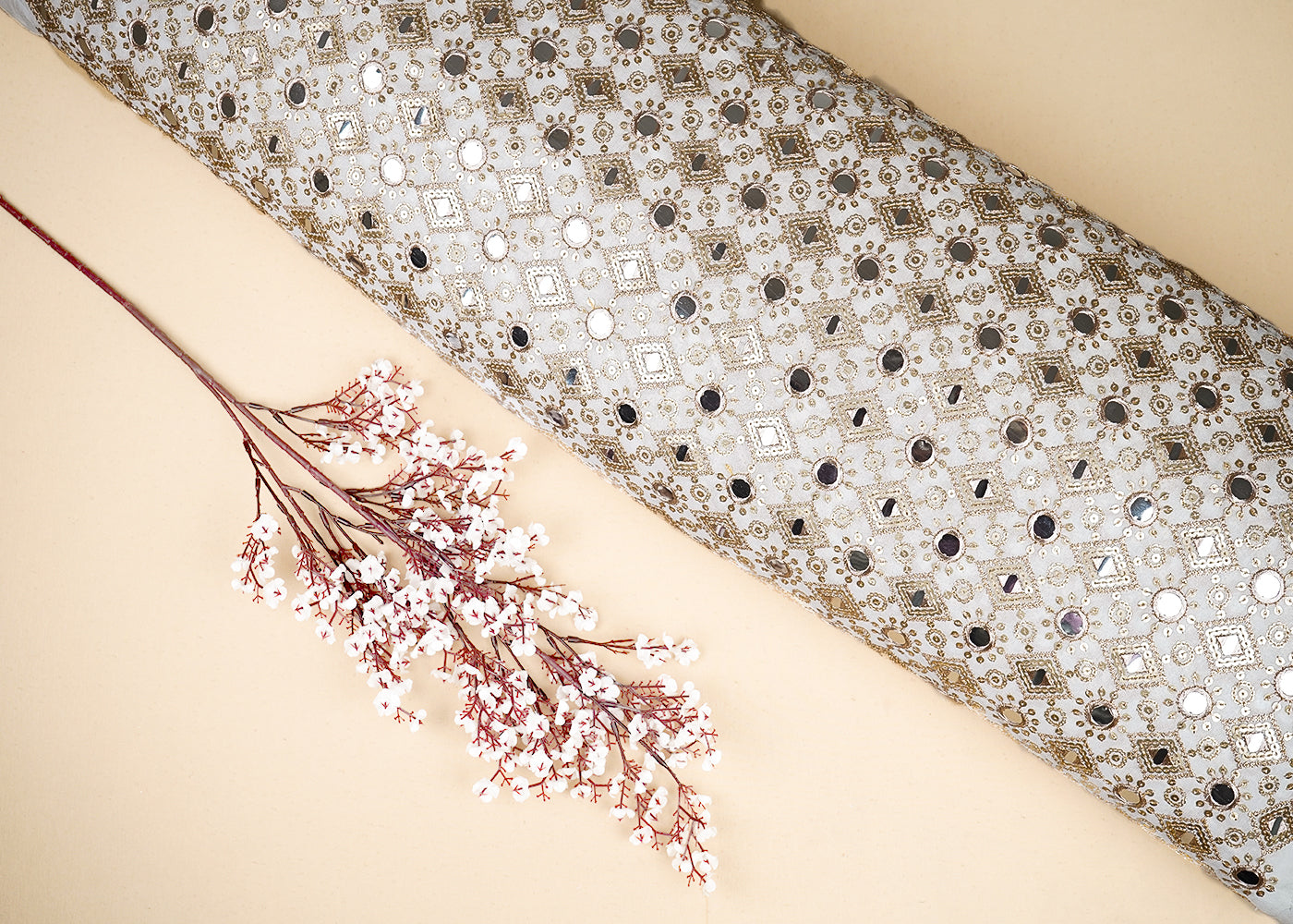 White Georgette Fabric with Allover Golden Thread, Sequins and Faux Mirror Work 19661