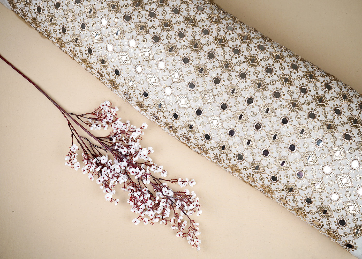 White Georgette Fabric with Allover Golden Thread, Sequins and Faux Mirror Work 19661