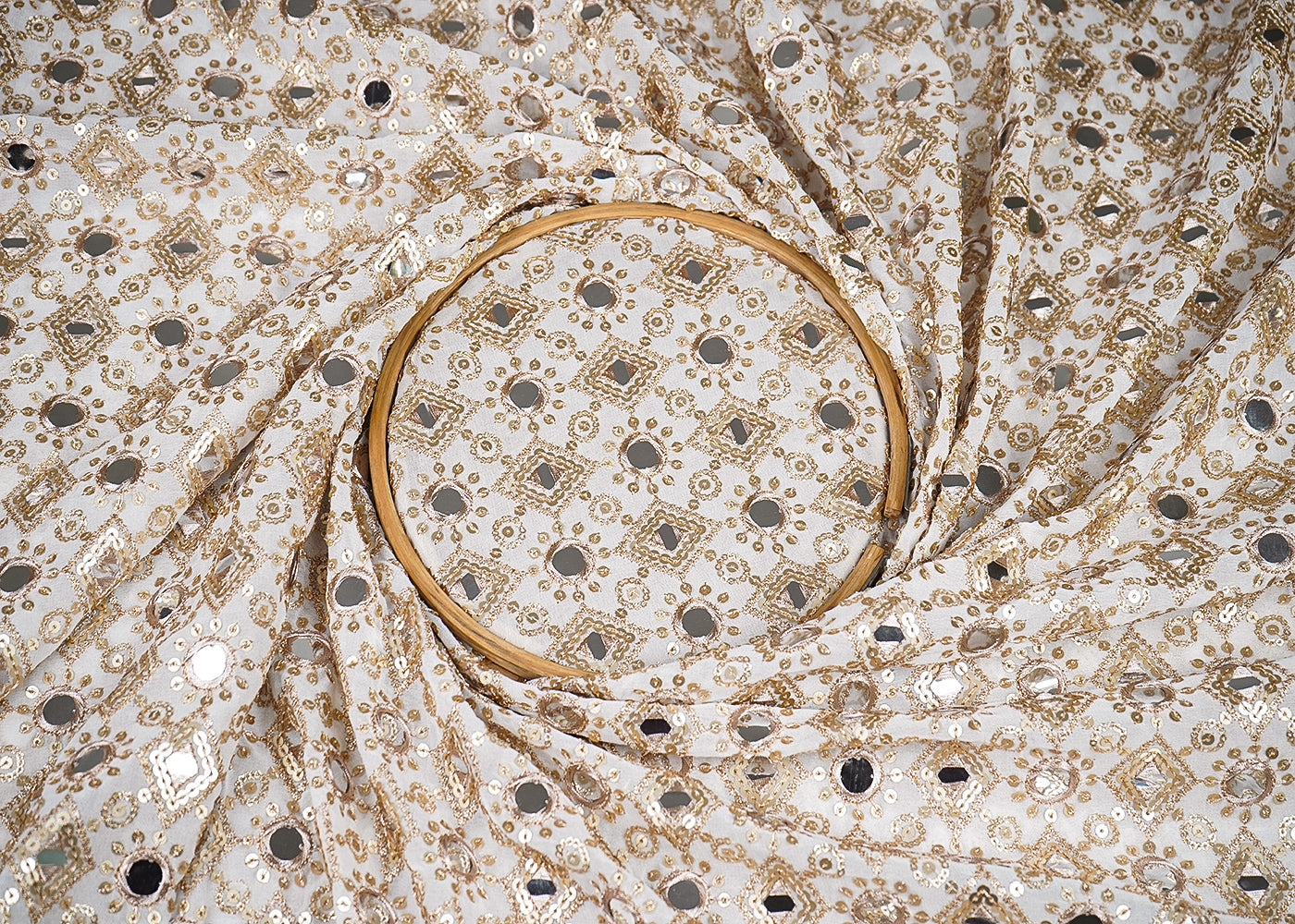 White Georgette Fabric with Allover Golden Thread, Sequins and Faux Mirror Work 19661