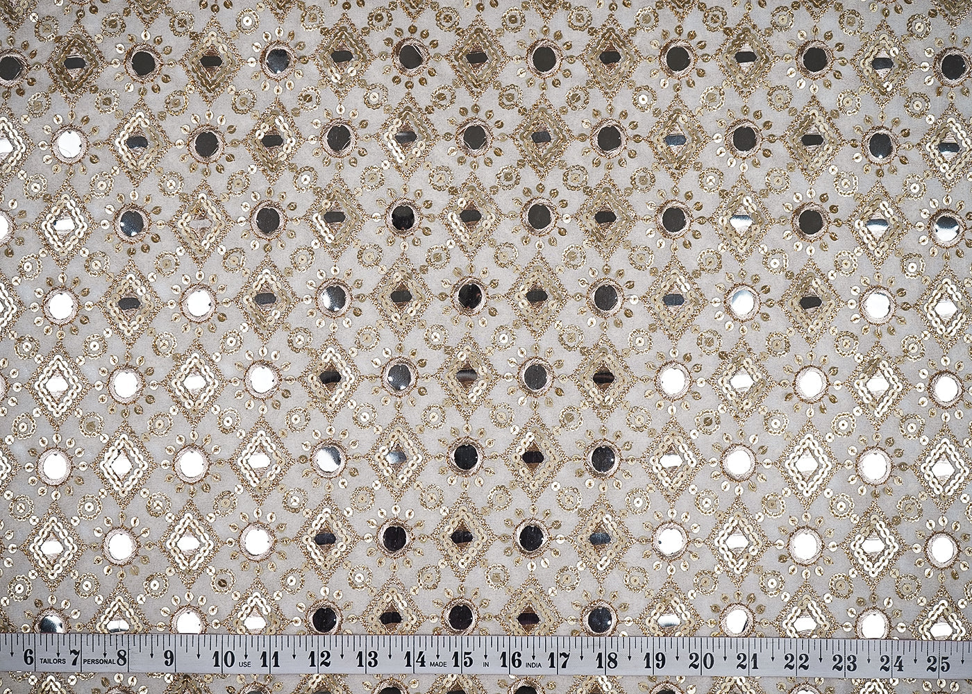 White Georgette Fabric with Allover Golden Thread, Sequins and Faux Mirror Work 19661