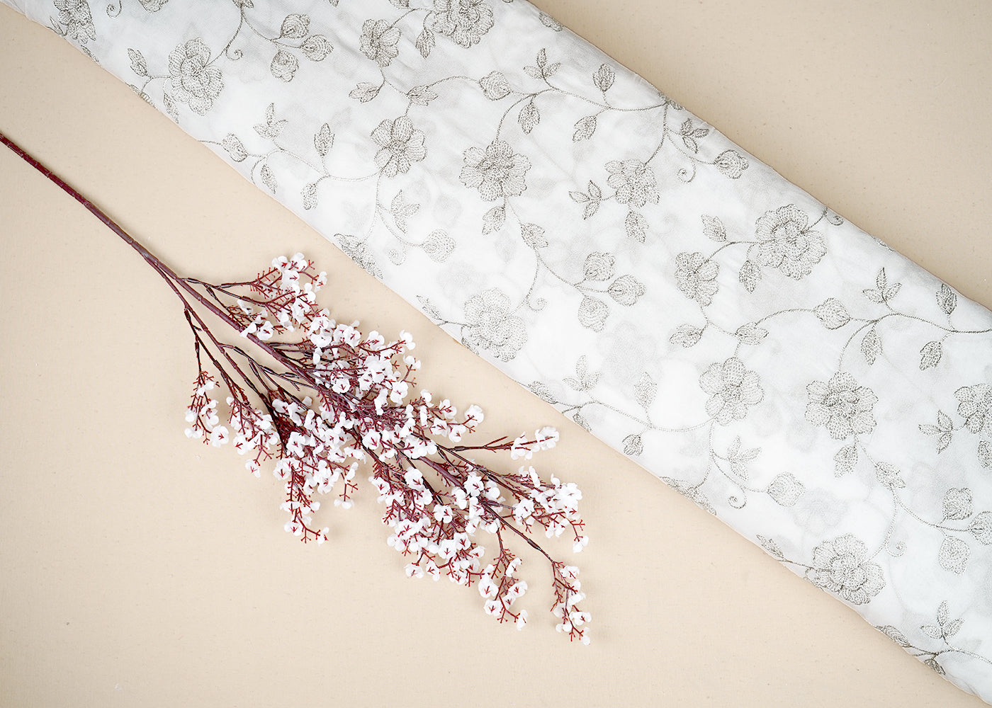 White Georgette Fabric with Allover Silver Thread Work 19662