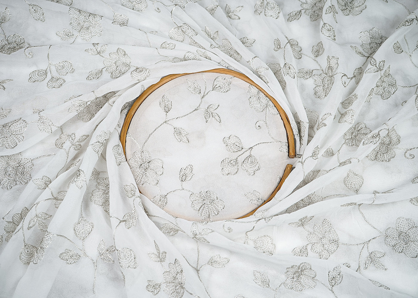 White Georgette Fabric with Allover Silver Thread Work 19662