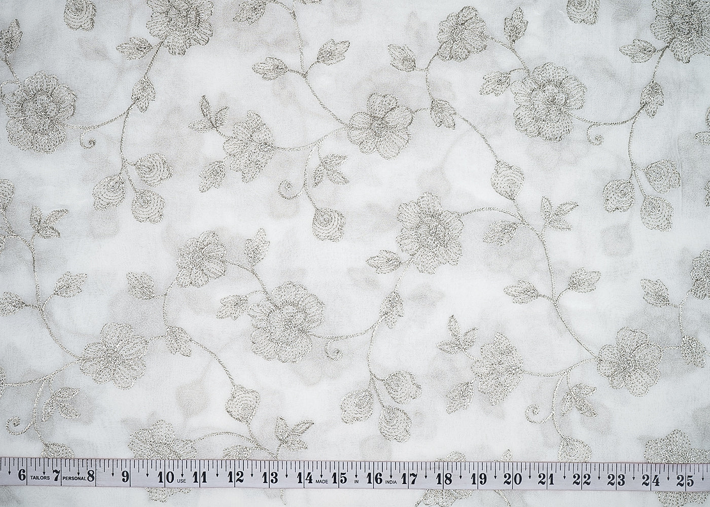 White Georgette Fabric with Allover Silver Thread Work 19662