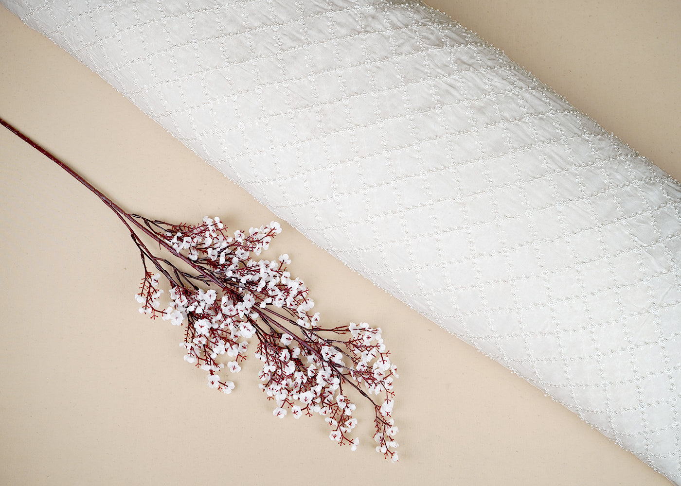White Georgette Fabric with Allover Jaal Pattern of Sequins, Thread and Pearl Work 19663
