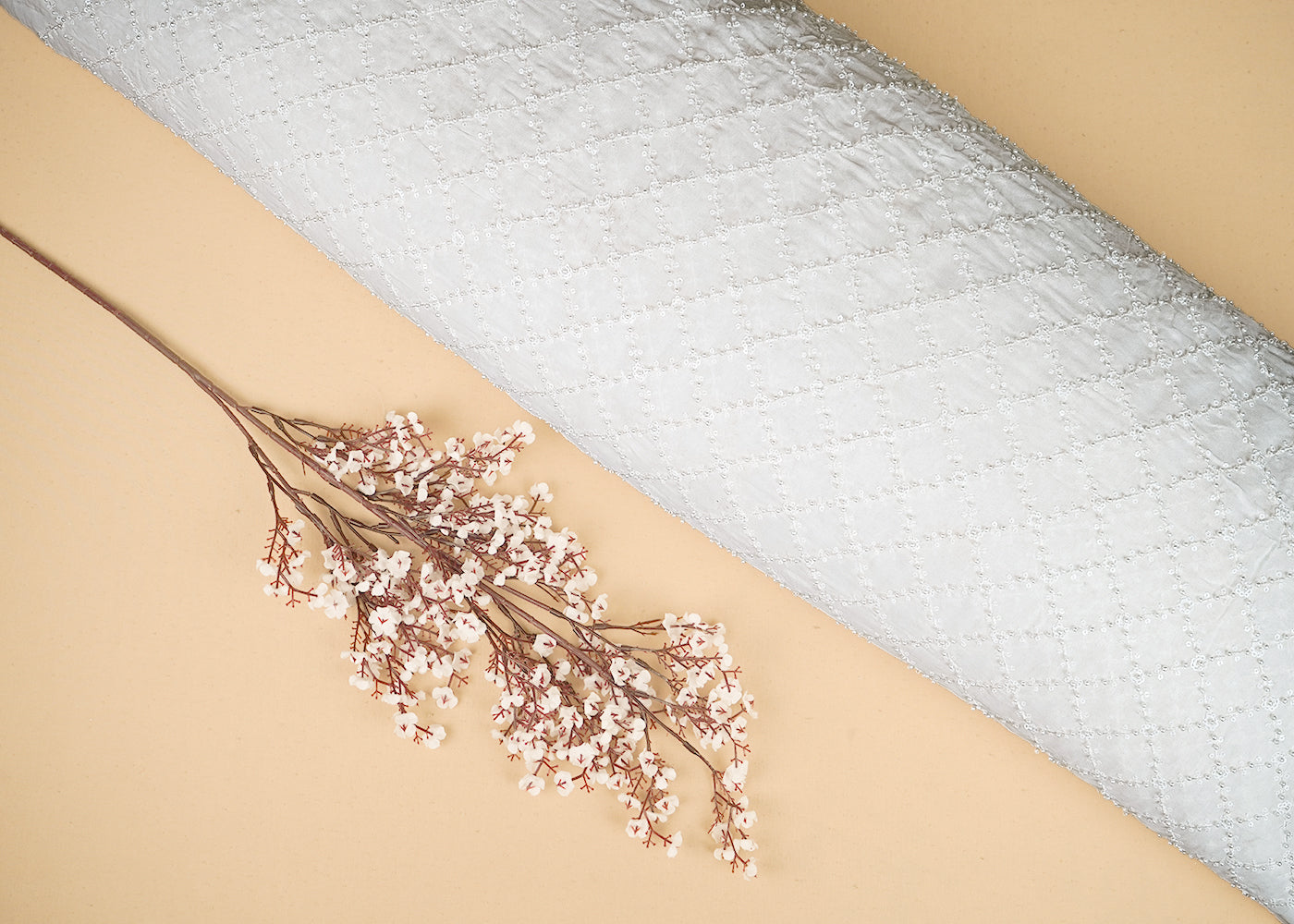 White Georgette Fabric with Allover Jaal Pattern of Sequins, Thread and Pearl Work 19663