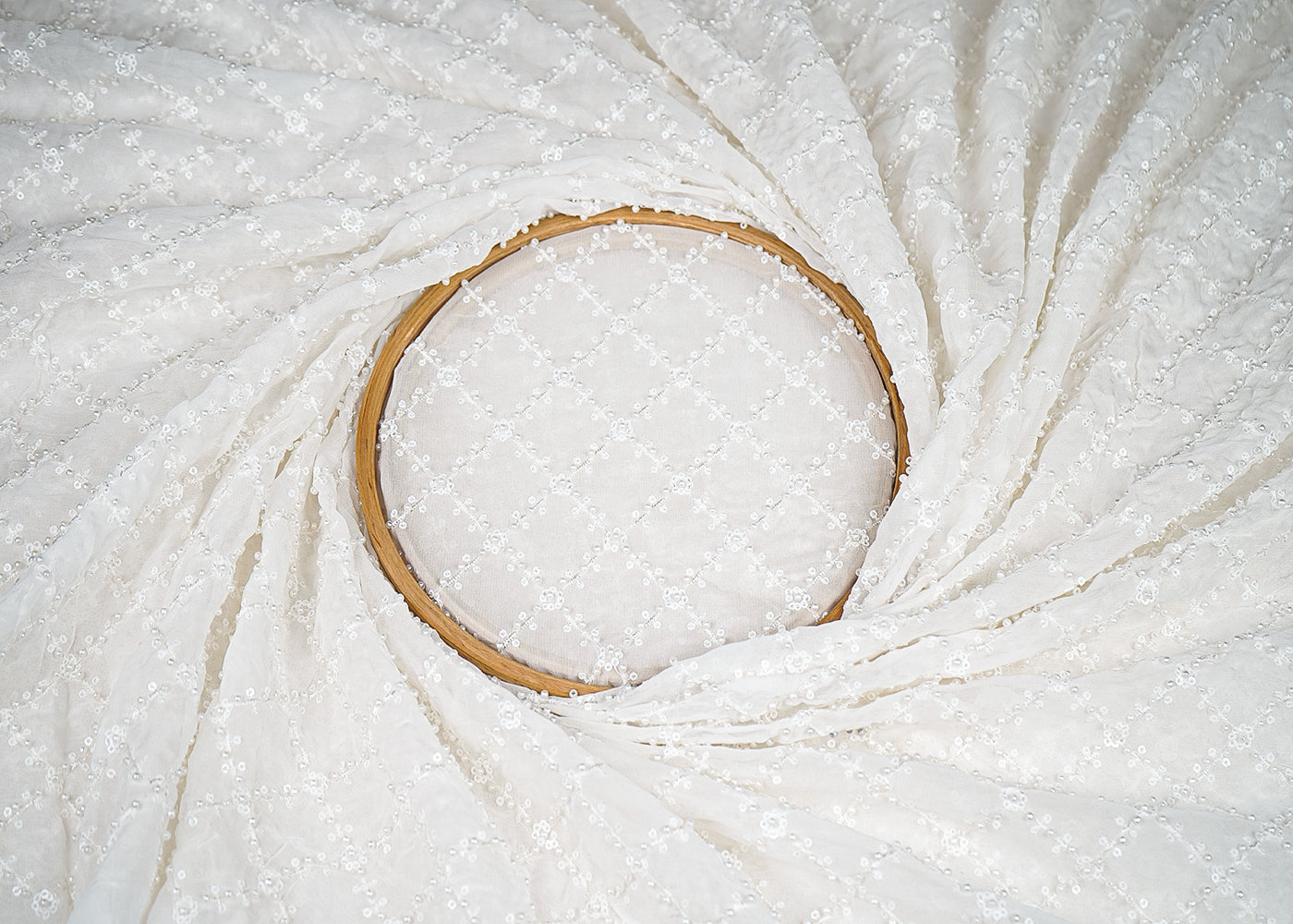 White Georgette Fabric with Allover Jaal Pattern of Sequins, Thread and Pearl Work 19663