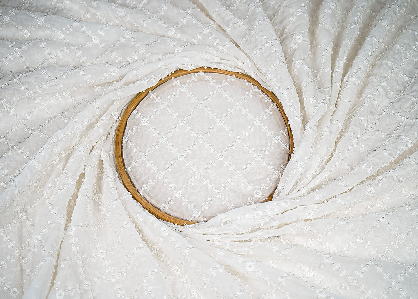 White Georgette Fabric with Allover Jaal Pattern of Sequins, Thread and Pearl Work 19663