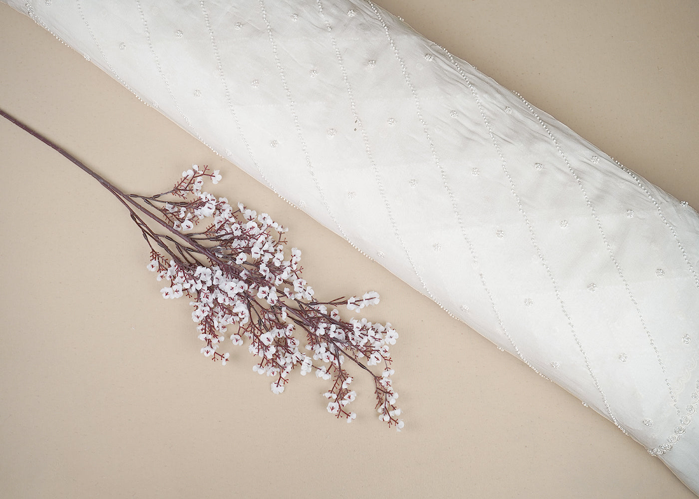 White Georgette Fabric with Allover Buti & Strips of Katdana with Both Side Border  19664
