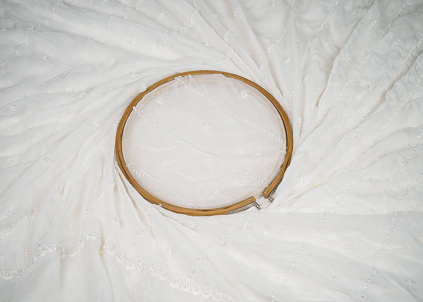 White Georgette Fabric with Allover Buti & Strips of Katdana with Both Side Border  19664