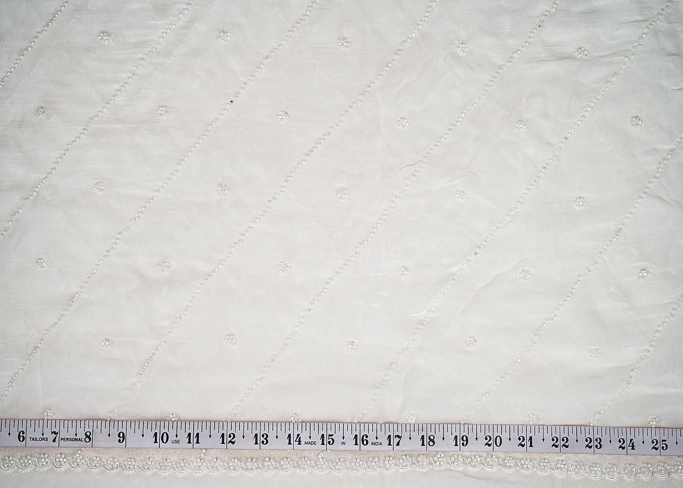 White Georgette Fabric with Allover Buti & Strips of Katdana with Both Side Border 19664