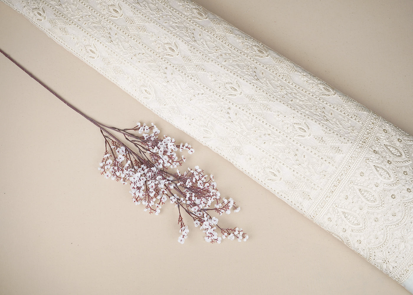 White Georgette Fabric with Allover Thread and Sequins Work with One-Side Heavy Border 19665