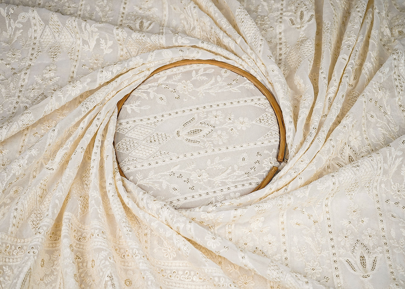 White Georgette Fabric with Allover Thread and Sequins Work with One-Side Heavy Border 19665