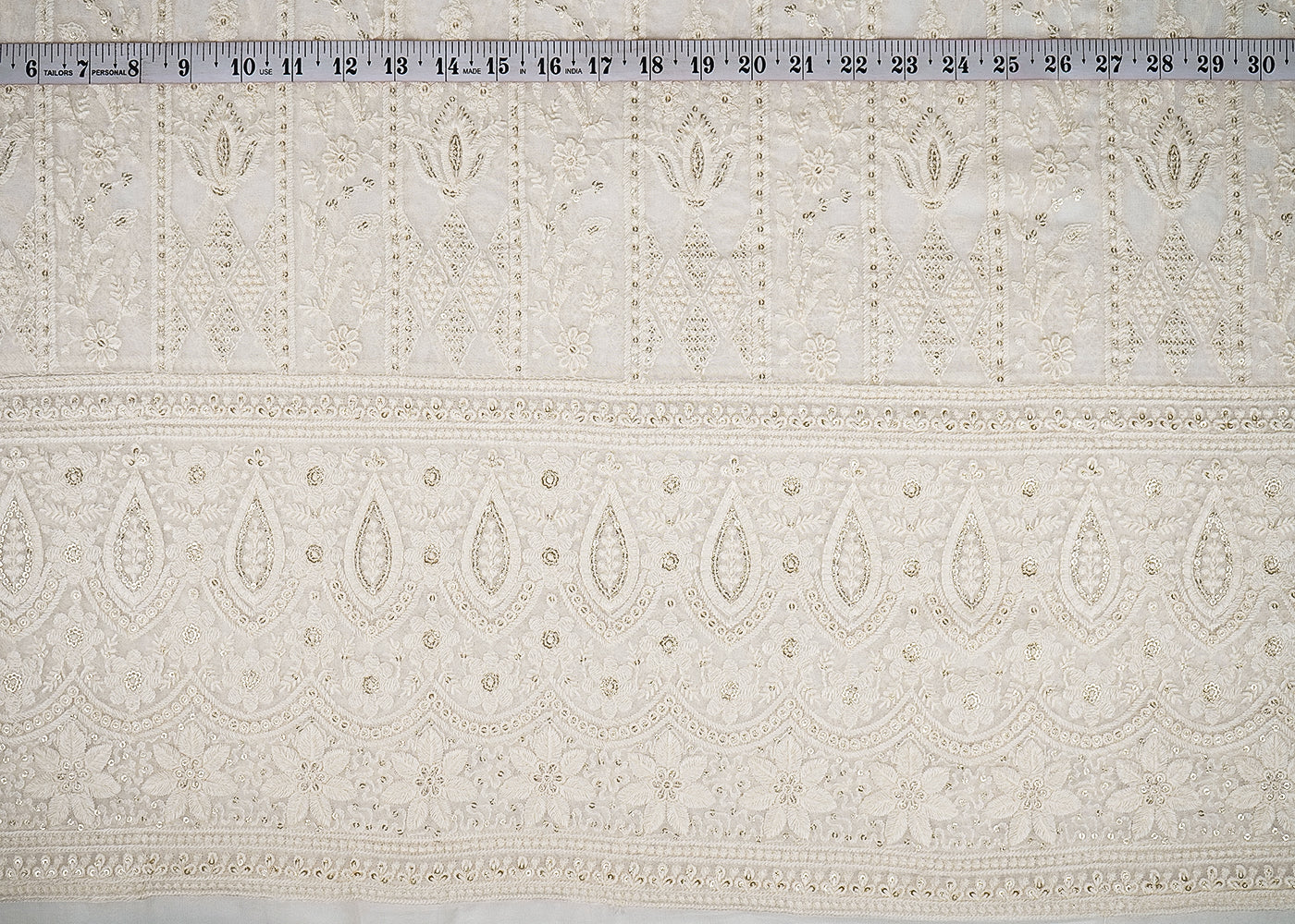 White Georgette Fabric with Allover Thread and Sequins Work with One-Side Heavy Border 19665