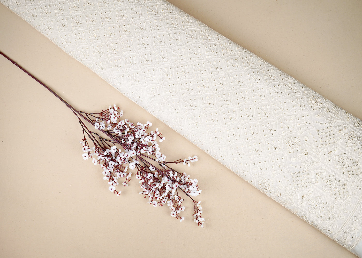White Georgette Fabric with Allover Thread and Sequins Work with One-Side Heavy Border 19666