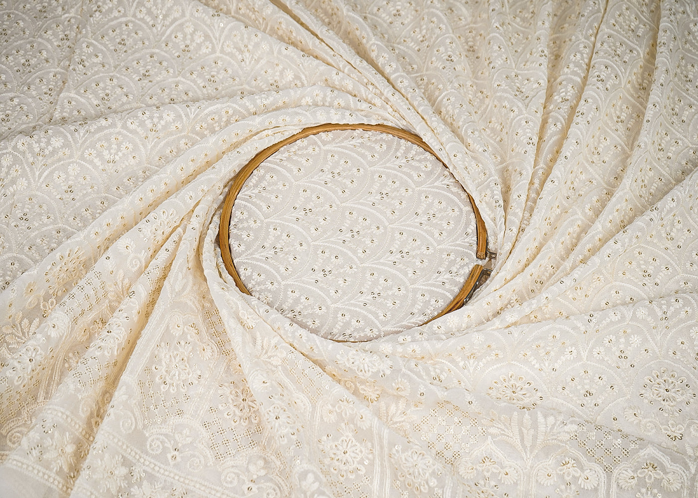 White Georgette Fabric with Allover Thread and Sequins Work with One-Side Heavy Border 19666