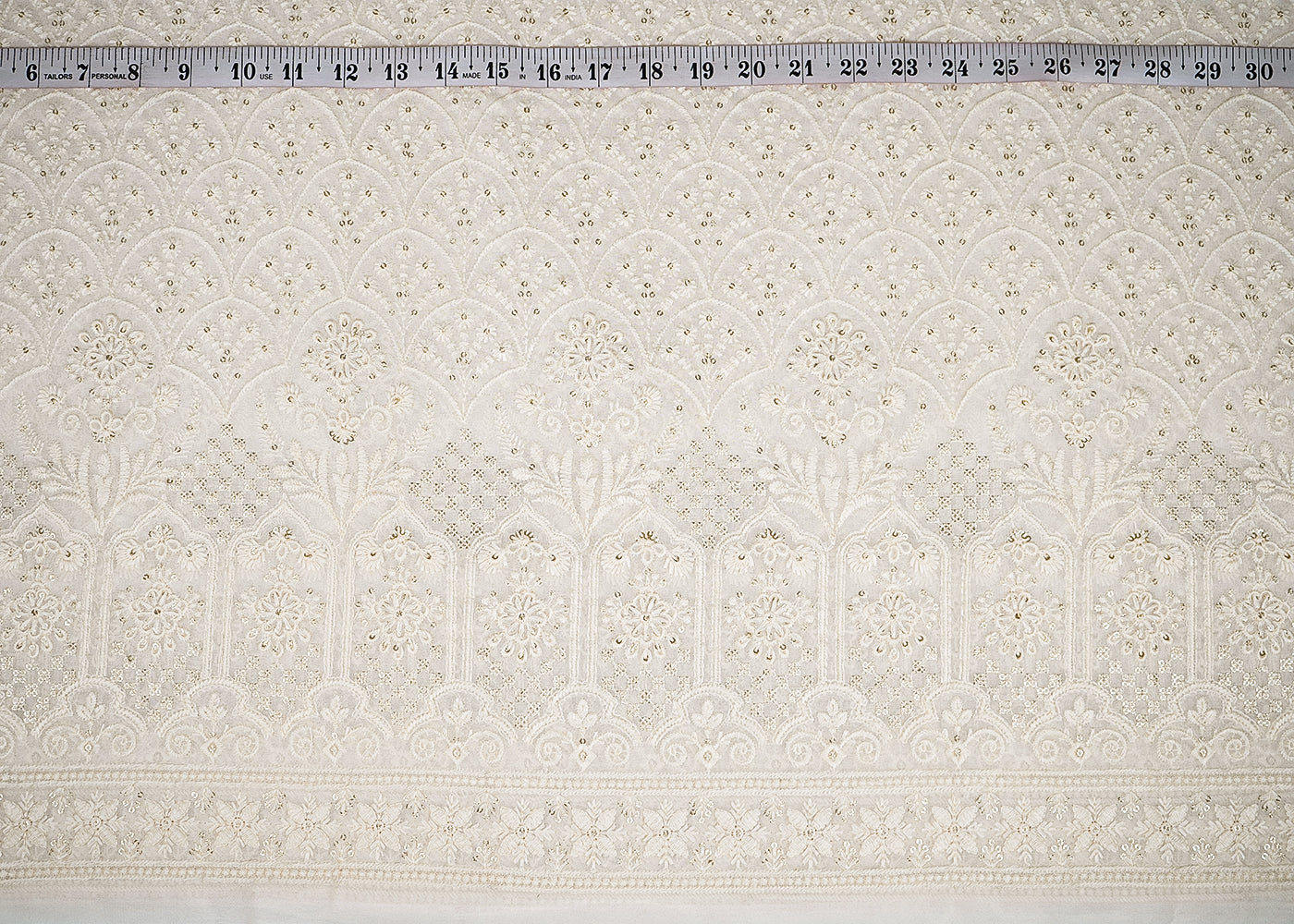 White Georgette Fabric with Allover Thread and Sequins Work with One-Side Heavy Border 19666