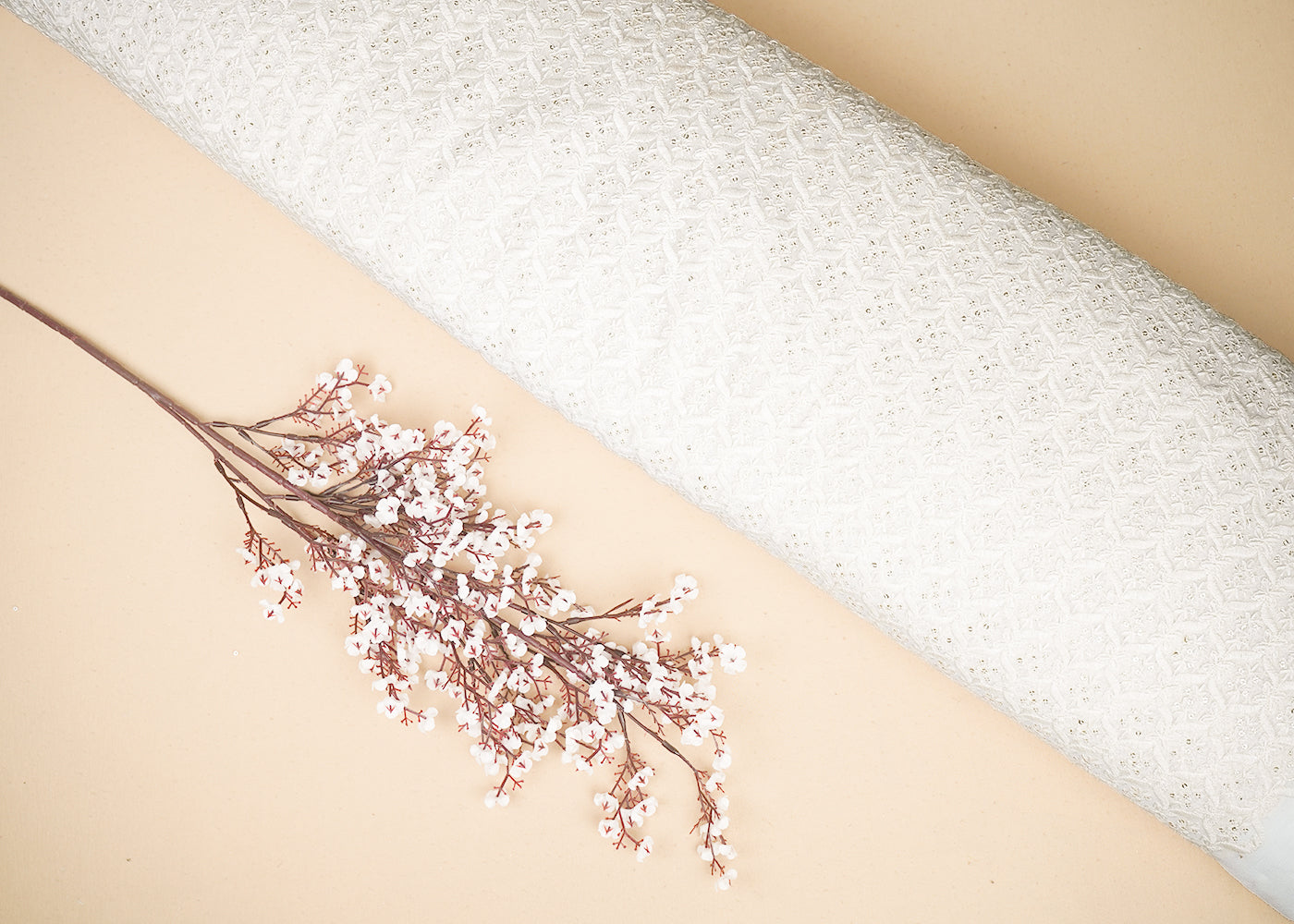White Georgette Fabric with Allover Thread and Sequins Work 19667