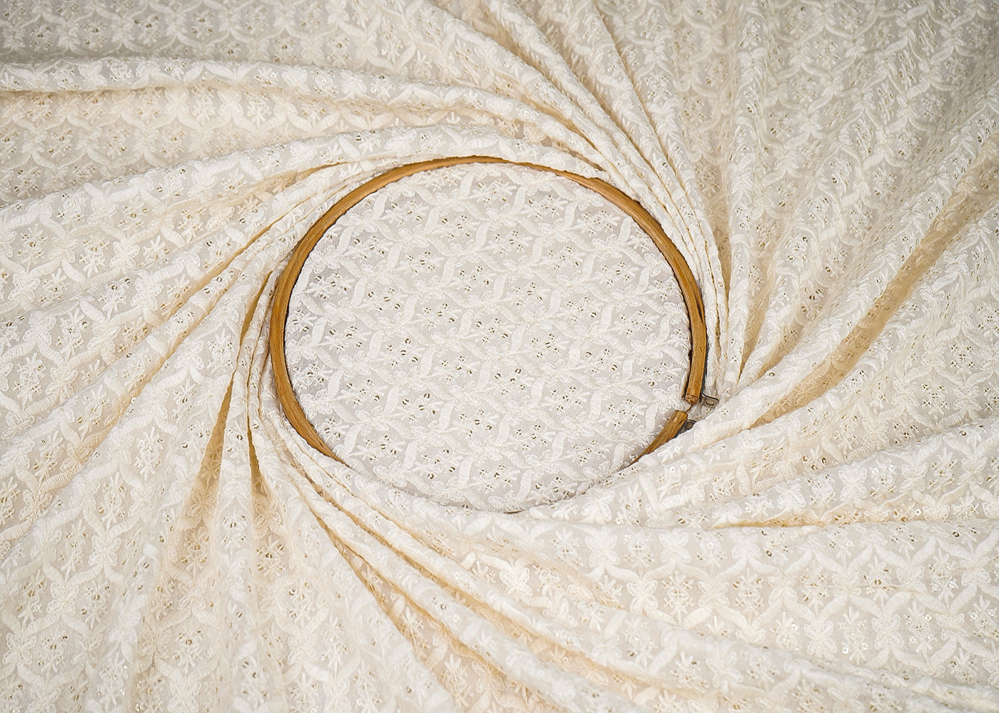 White Georgette Fabric with Allover Thread and Sequins Work 19667