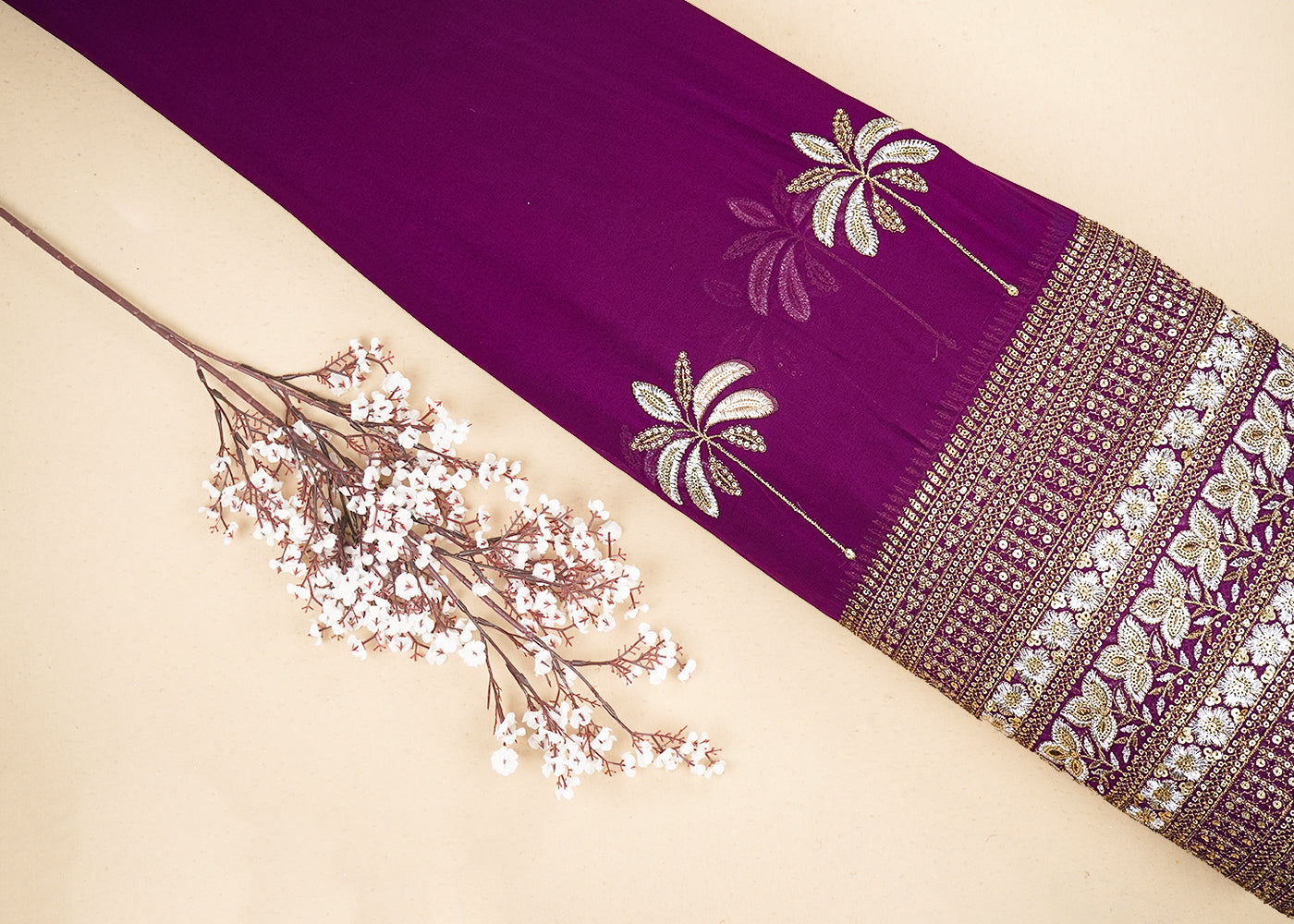 Purple Georgette Fabric with Allover Zari and Sequins Work with One-Side Border 19671
