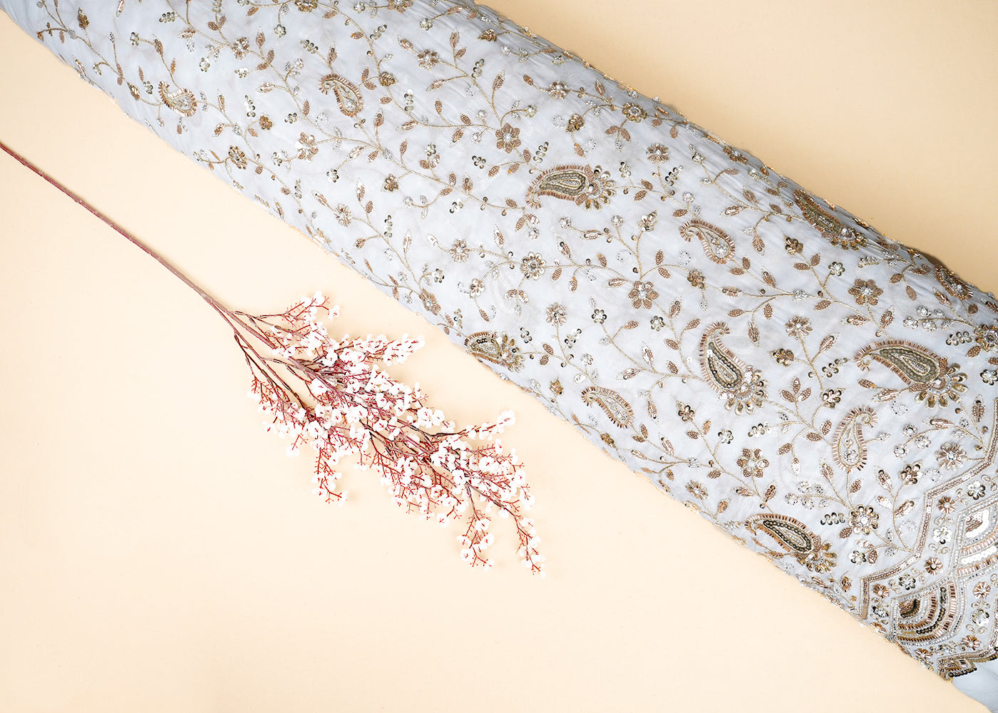 White Georgette Fabric with Allover Golden Thread, Sequins, Katdana and Pearl Work with One-Side Border 19675