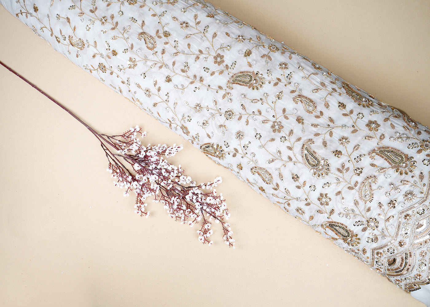 White Georgette Fabric with Allover Golden Thread, Sequins, Katdana and Pearl Work with One-Side Border 19675