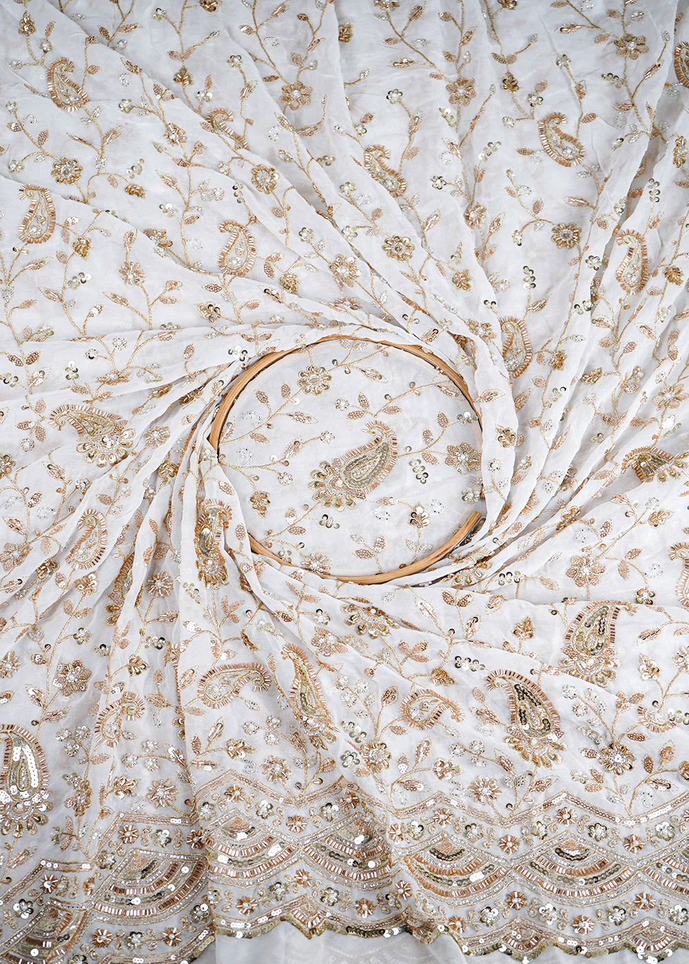 White Georgette Fabric with Allover Golden Thread, Sequins, Katdana and Pearl Work with One-Side Border 19675