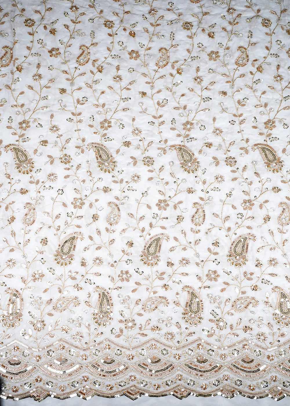 White Georgette Fabric with Allover Golden Thread, Sequins, Katdana and Pearl Work with One-Side Border 19675