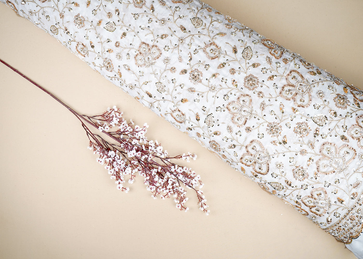 White Georgette Fabric with Allover Golden Thread, Sequins, Katdana and Pearl Work with One-Side Border 19676