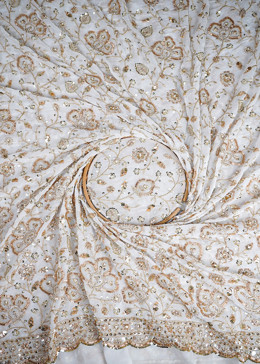 White Georgette Fabric with Allover Golden Thread, Sequins, Katdana and Pearl Work with One-Side Border 19676