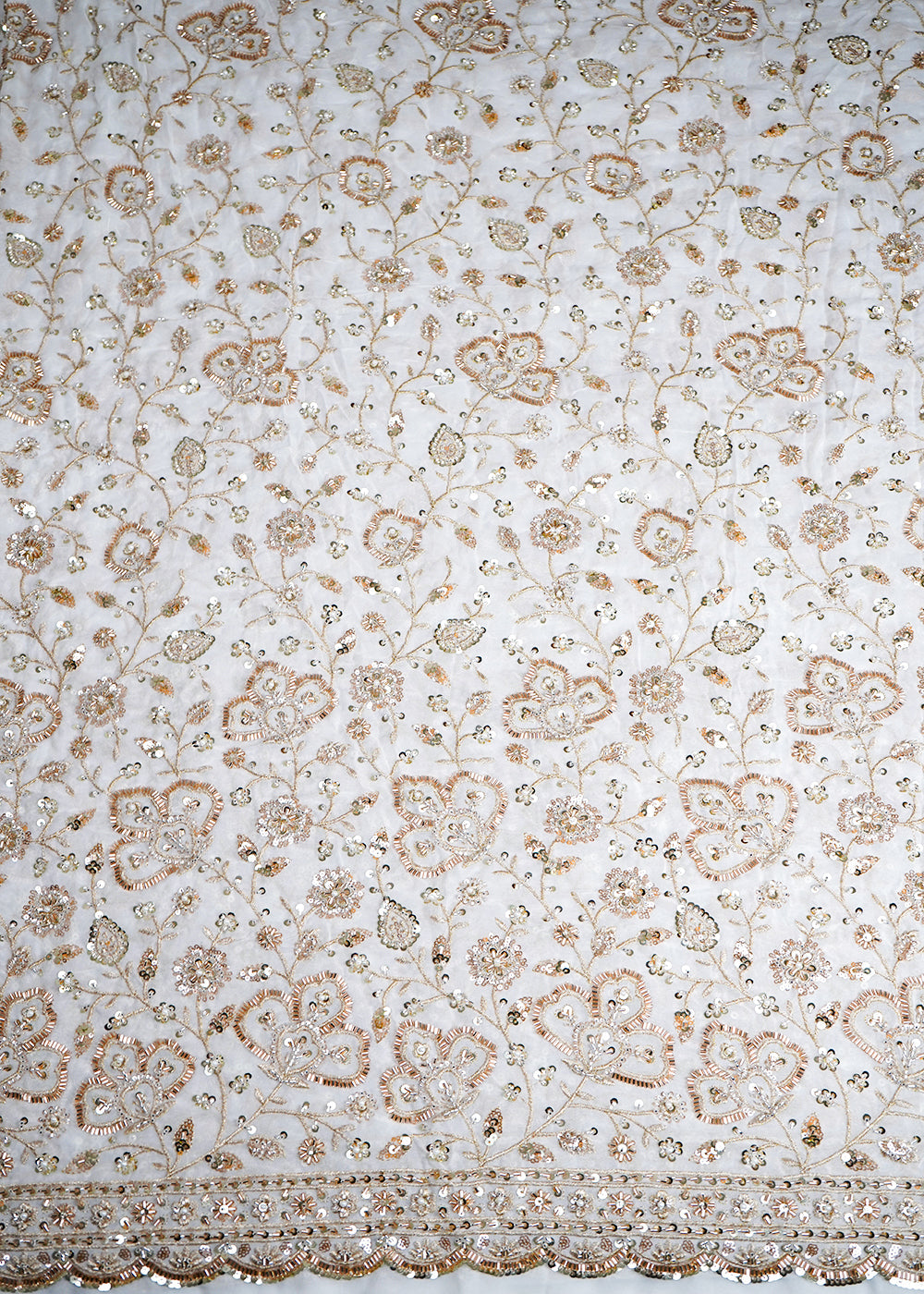 White Georgette Fabric with Allover Golden Thread, Sequins, Katdana and Pearl Work with One-Side Border 19676