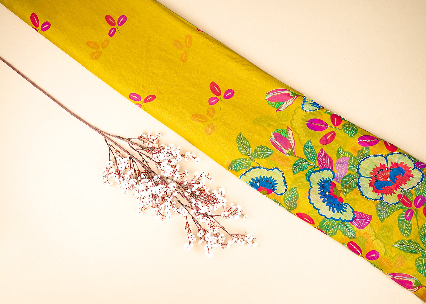 Yellow Georgette Printed Fabric Embellished with Pearl, Sequins and Katdana Work With One-Side Border 19681