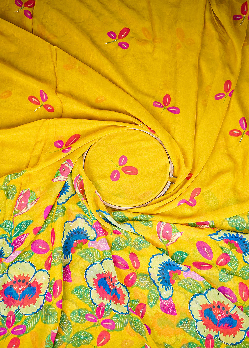 Yellow Georgette Printed Fabric Embellished with Pearl, Sequins and Katdana Work With One-Side Border 19681