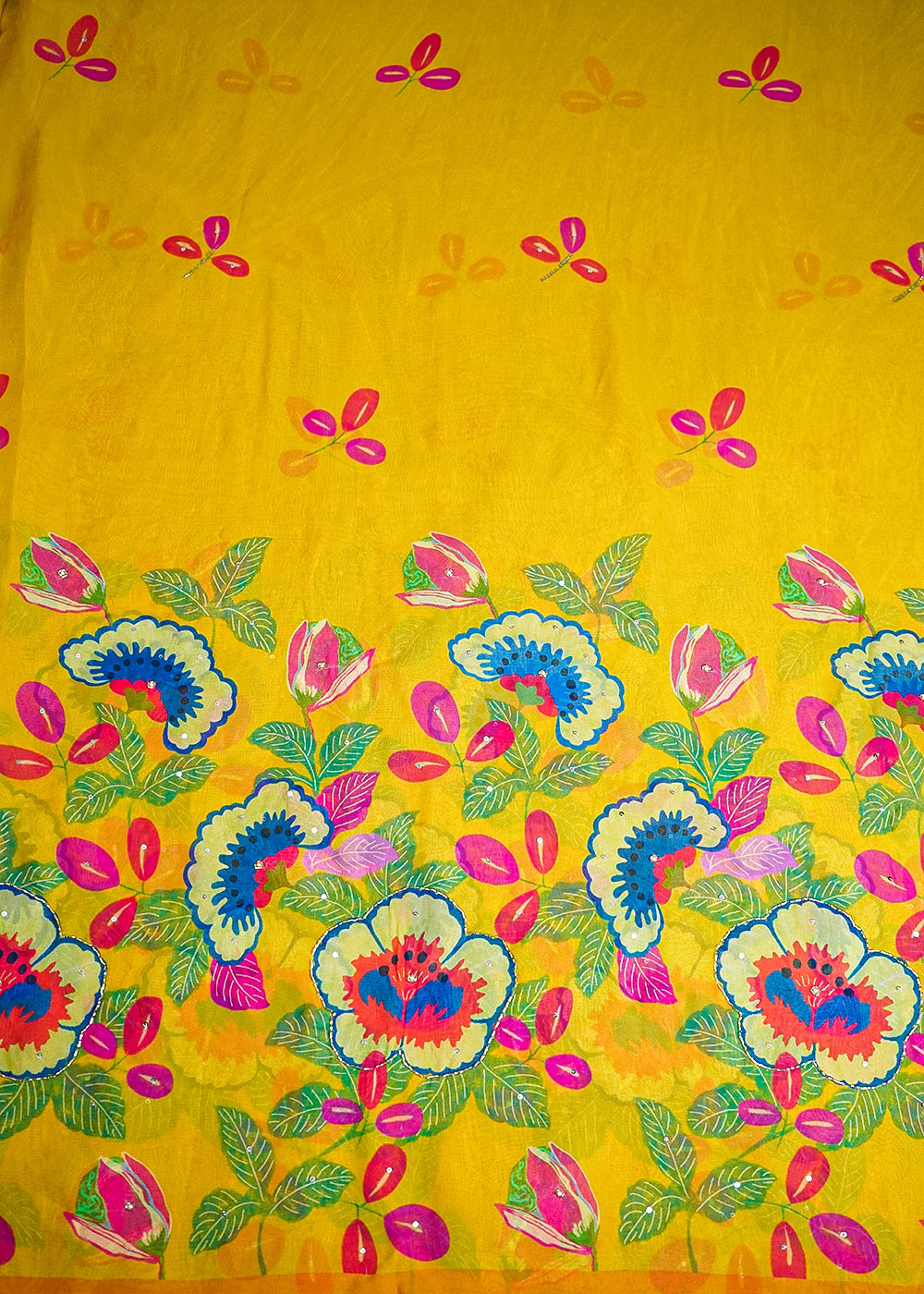 Yellow Georgette Printed Fabric Embellished with Pearl, Sequins and Katdana Work With One-Side Border 19681