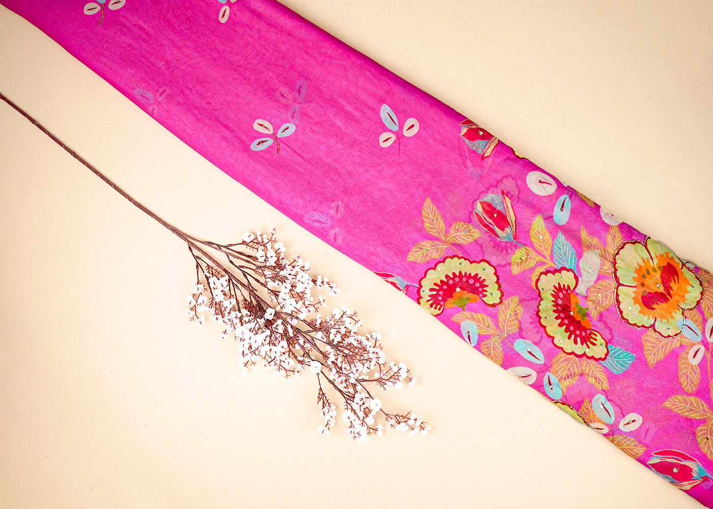 Pink Georgette Printed Fabric Embellished with Pearl, Sequins and Katdana Work With One-Side Border 19682