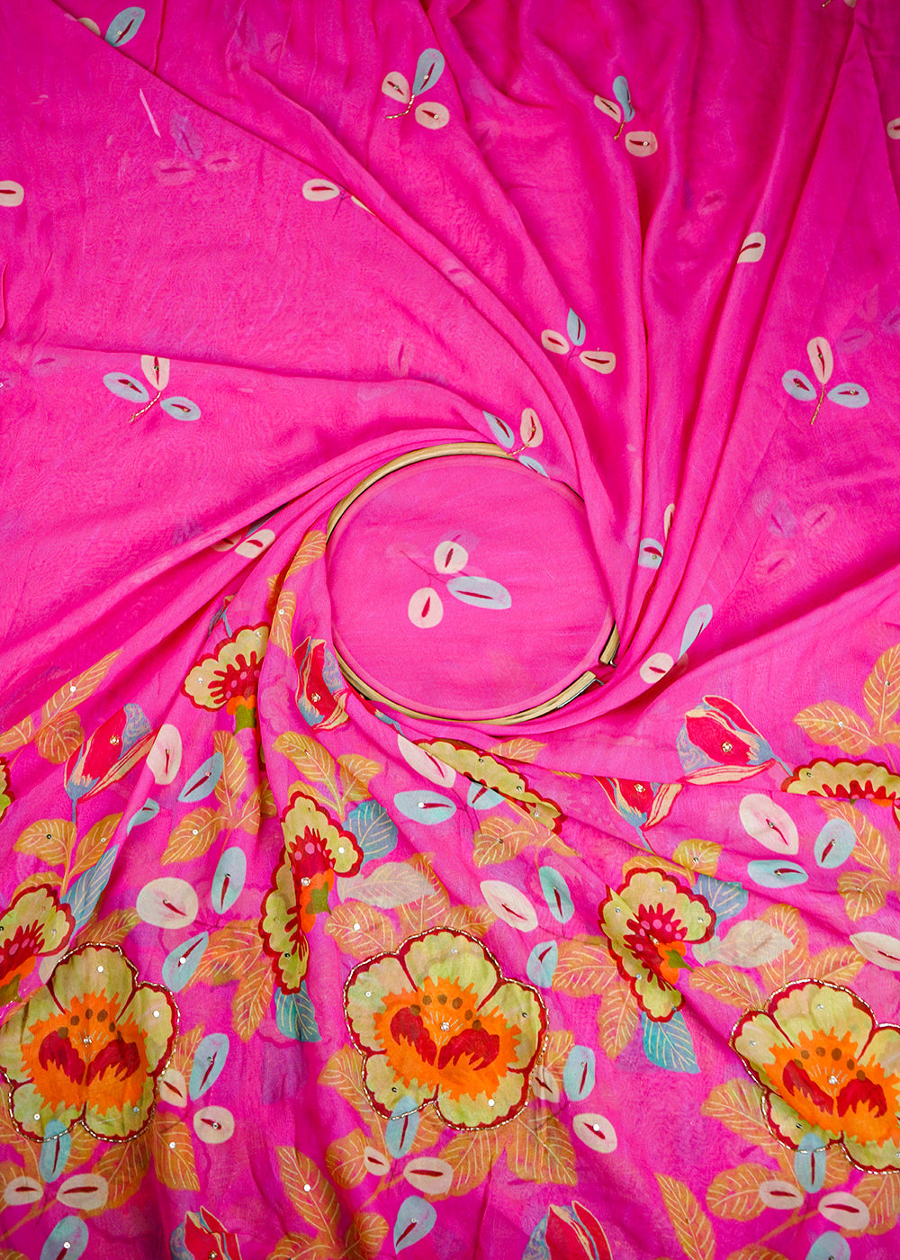 Pink Georgette Printed Fabric Embellished with Pearl, Sequins and Katdana Work With One-Side Border 19682