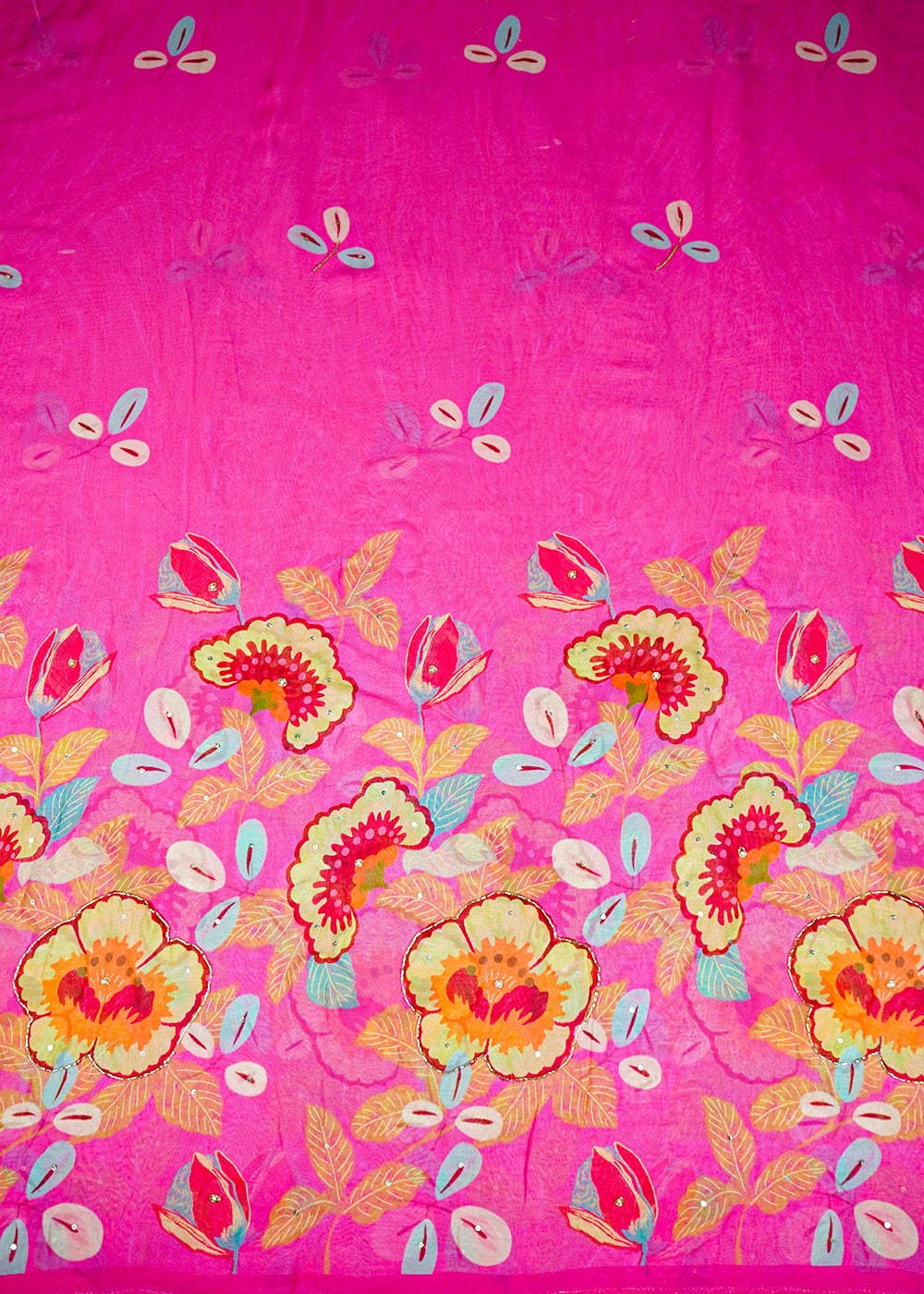 Pink Georgette Printed Fabric Embellished with Pearl, Sequins and Katdana Work With One-Side Border 19682