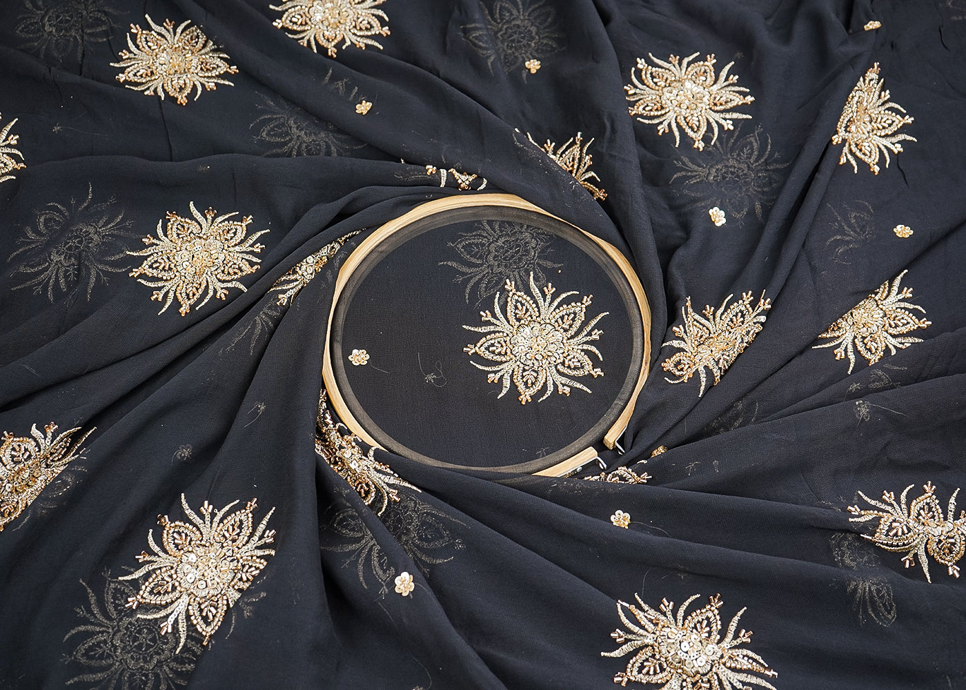 Black Georgette Fabric with Allover Zari, Katdana and Sequins Work 19686