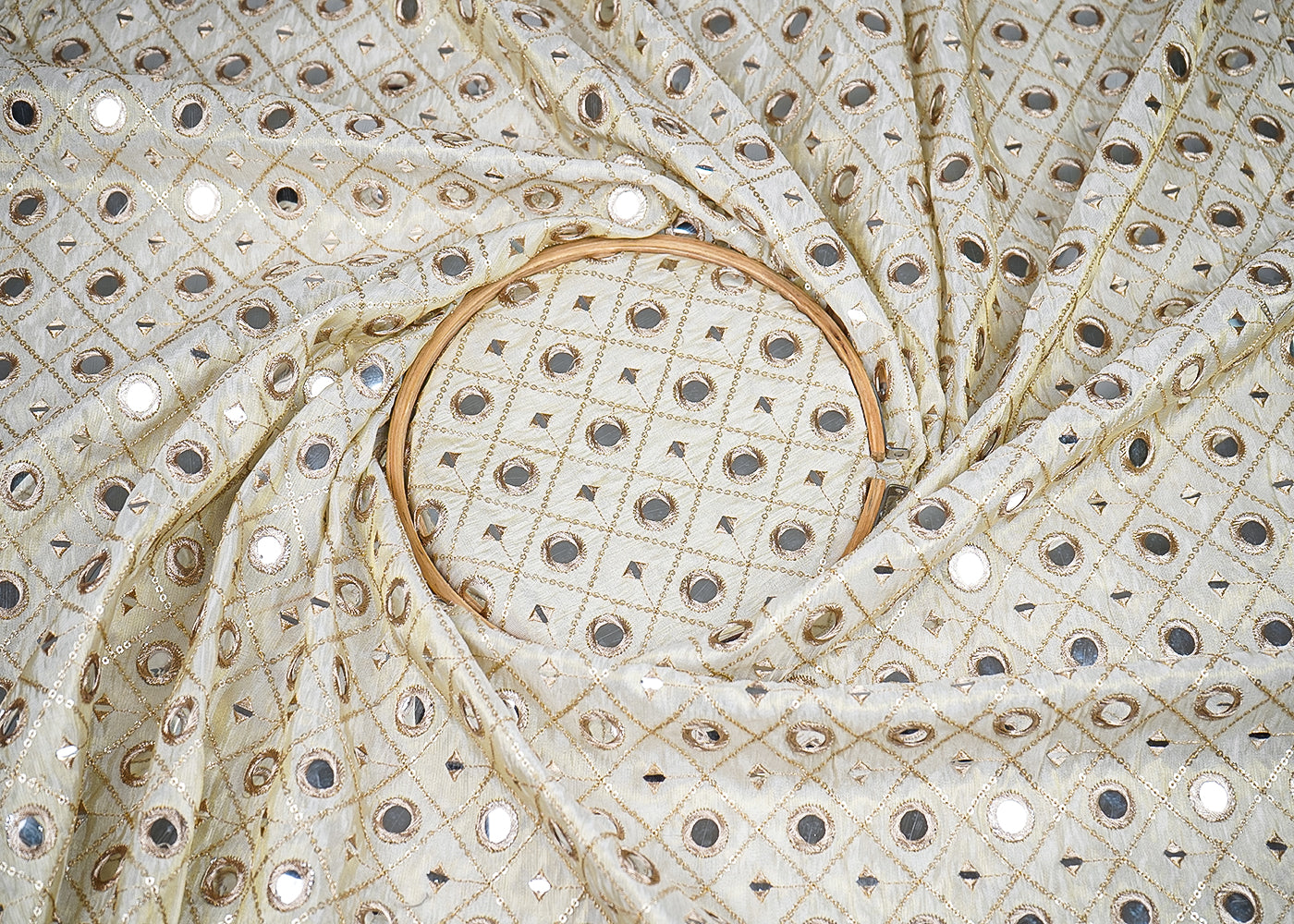 Golden Tissue Fabric with Allover Golden Thread, Sequins and Faux Mirror Work 19687