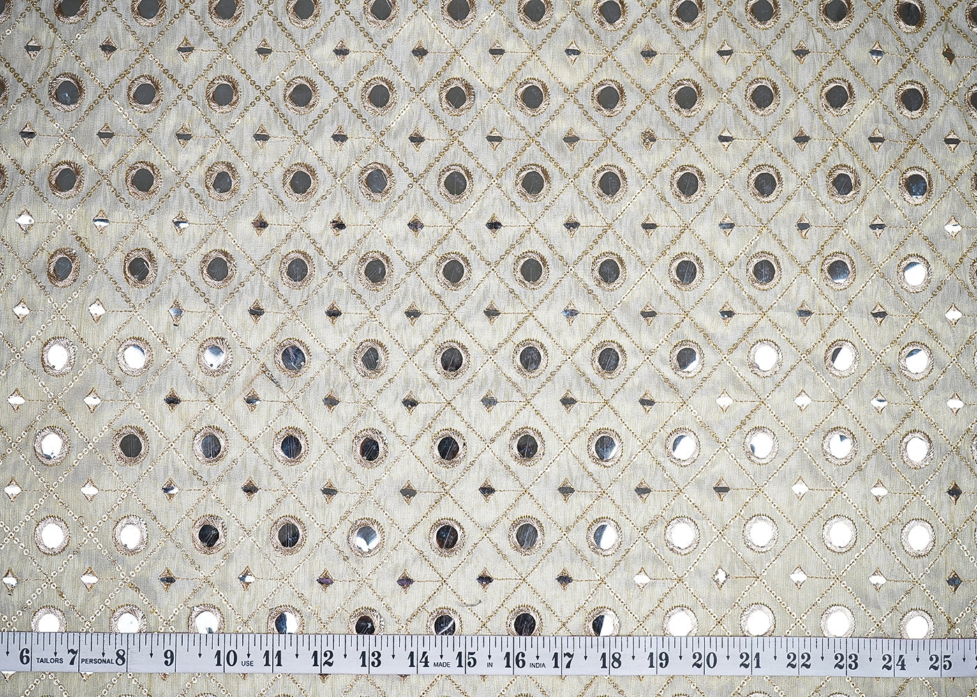 Golden Tissue Fabric with Allover Golden Thread, Sequins and Faux Mirror Work 19687