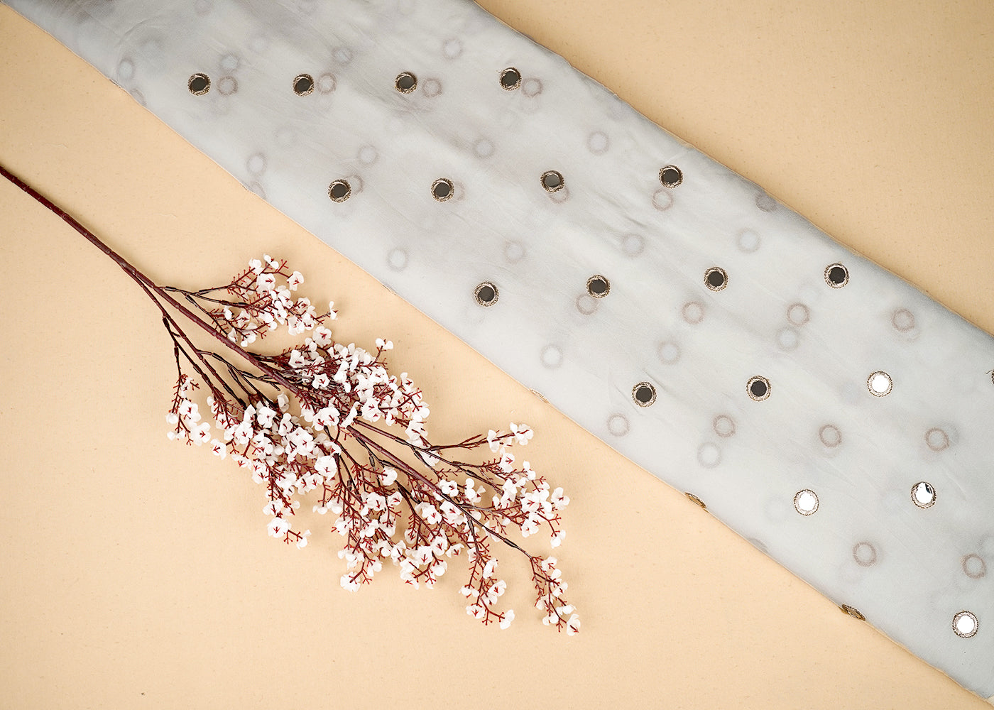 White Georgette Fabric with Allover Golden Zari and Faux Mirror Work 19688