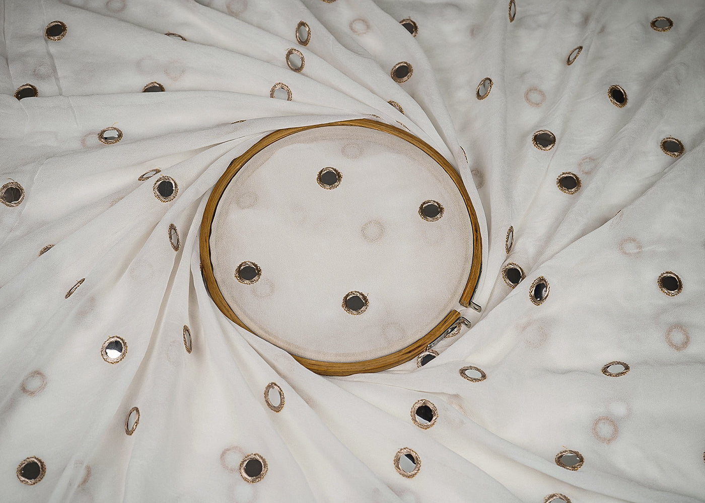 White Georgette Fabric with Allover Golden Zari and Faux Mirror Work 19688