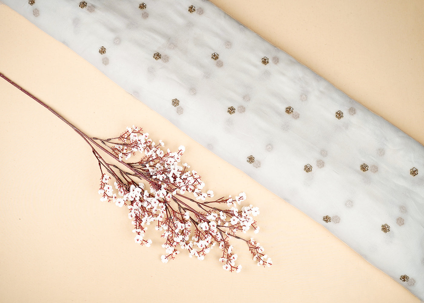 White Georgette Fabric with Allover Golden Buti of Zari, Katdana and Sequins Work 19689