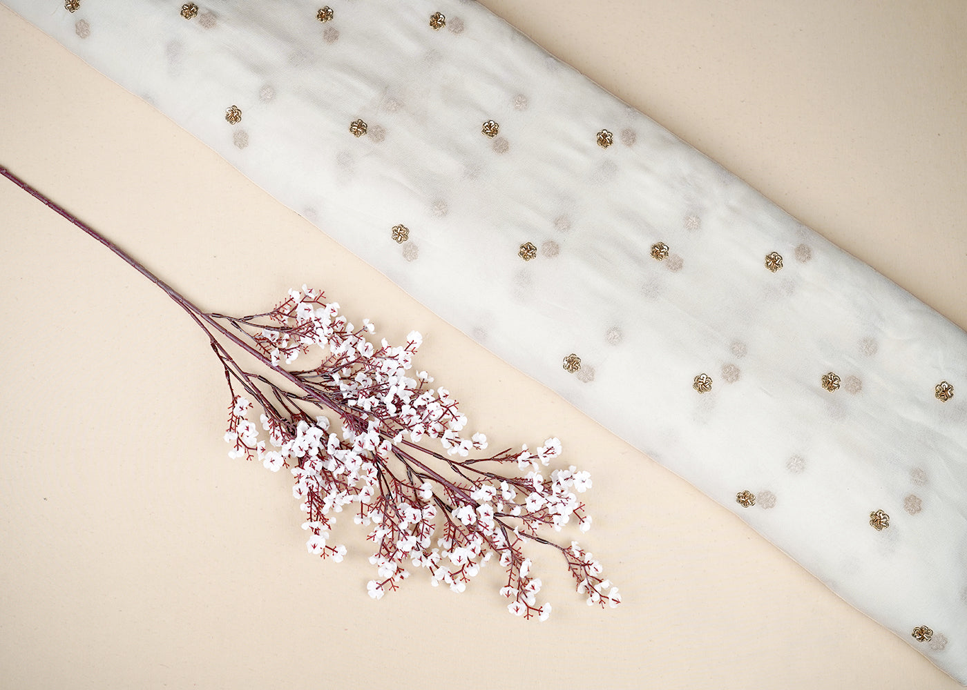 White Georgette Fabric with Allover Golden Buti of Zari, Katdana and Sequins Work 19689